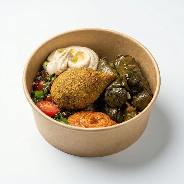 Lebanese mezze bowl with fresh vegetables and hummus