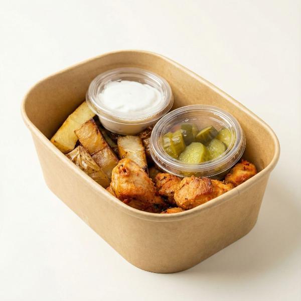 Red taouk platter with rice and grilled vegetables